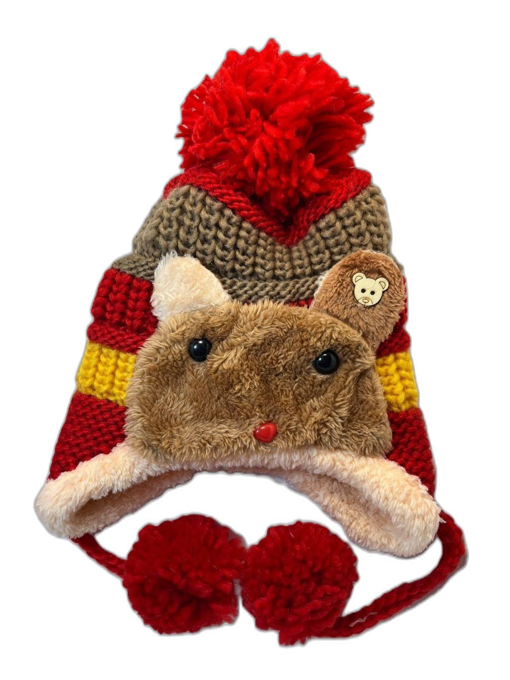 Animal Knitted Kids Beanie Red Front (background removed)
