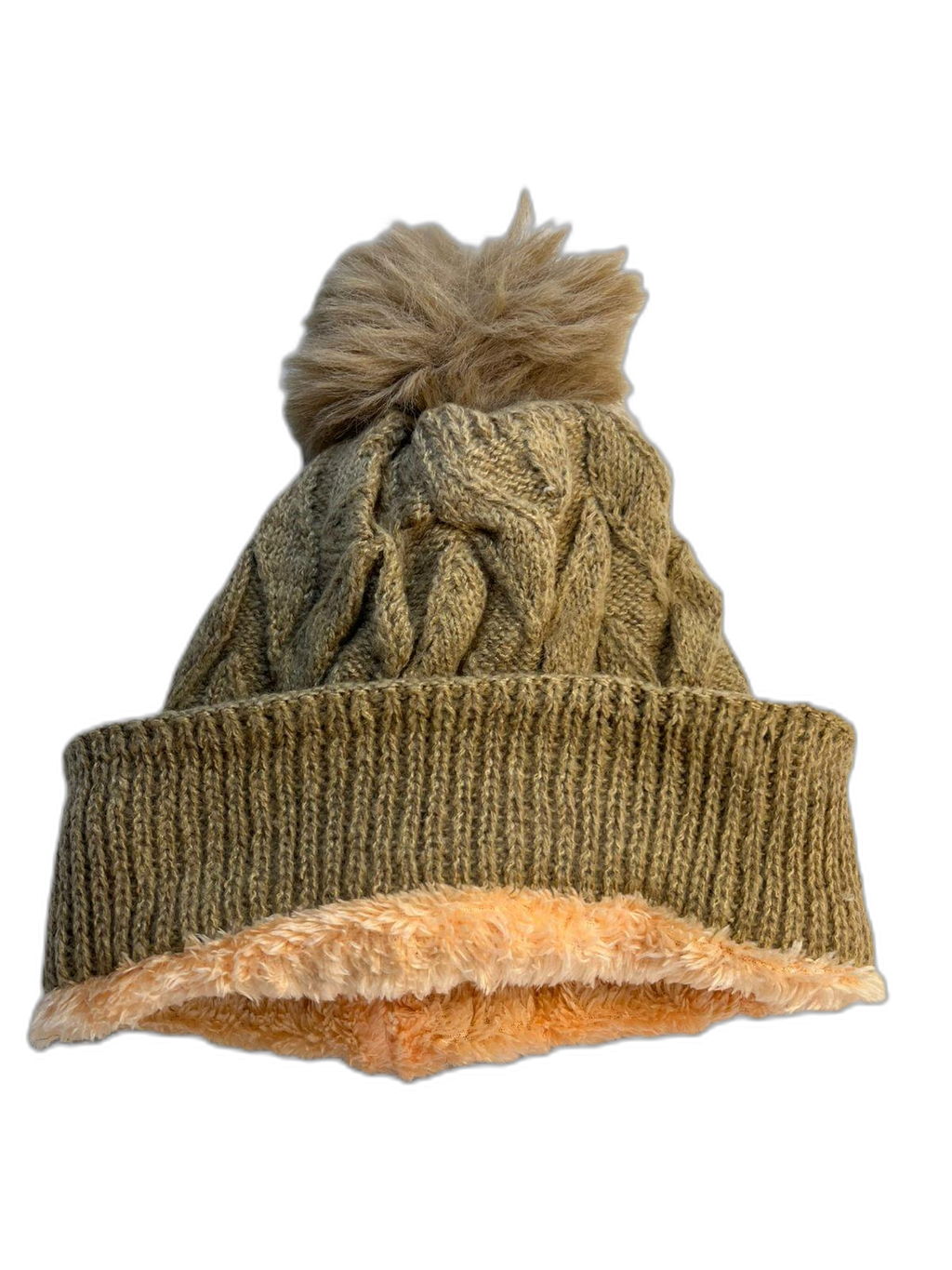Cable Knit Beanie Hat For Adults Beige Inner (background removed)