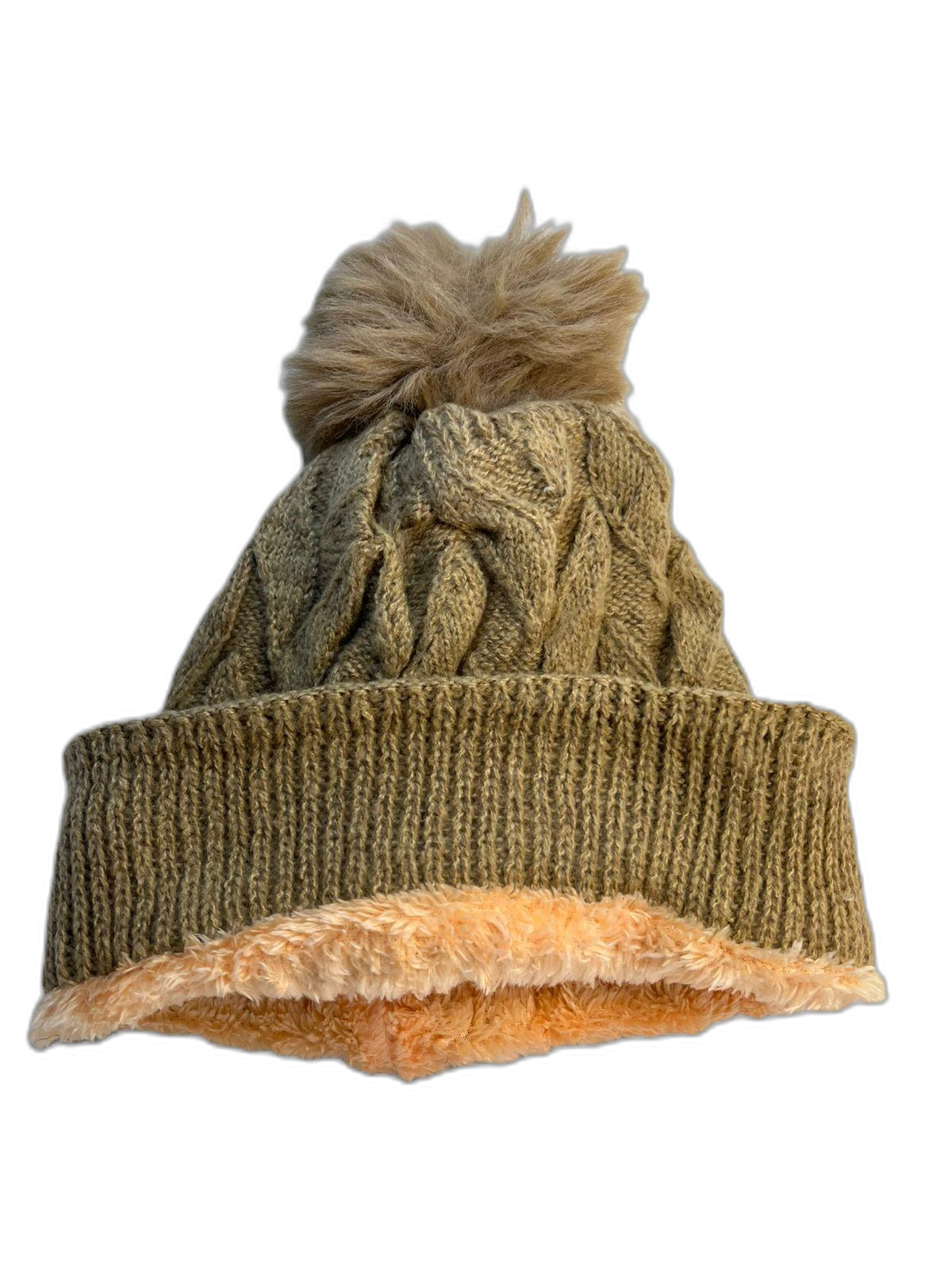 Cable Knit Beanie Hat For Adults Beige Inner (background removed)
