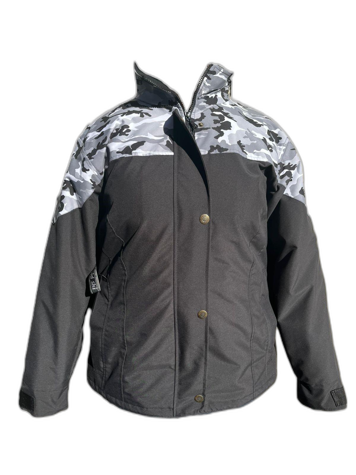 Ladies Ski Jacket Grey Camo Black Front (background removed)