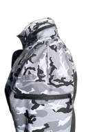 Ladies Ski Jacket Grey Camo Black Sleeve Pocket (background removed)