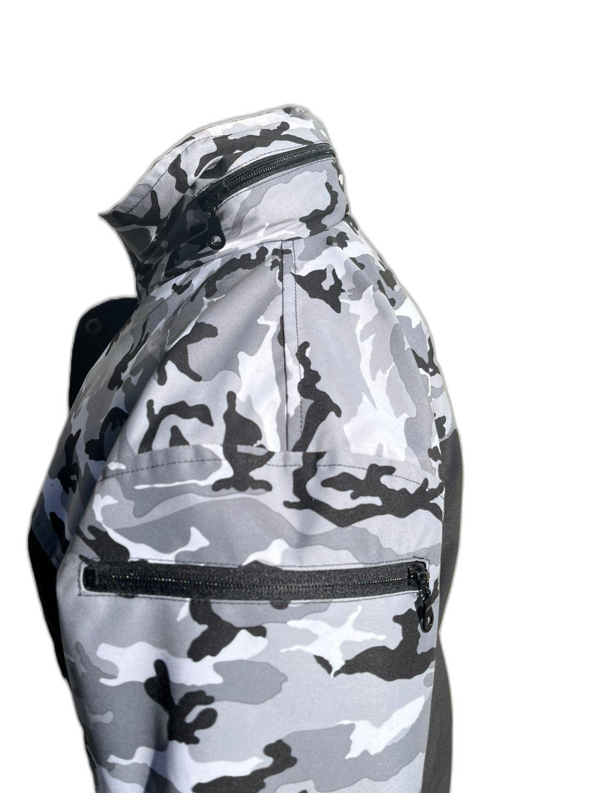 Ladies Ski Jacket Grey Camo Black Sleeve Pocket (background removed)