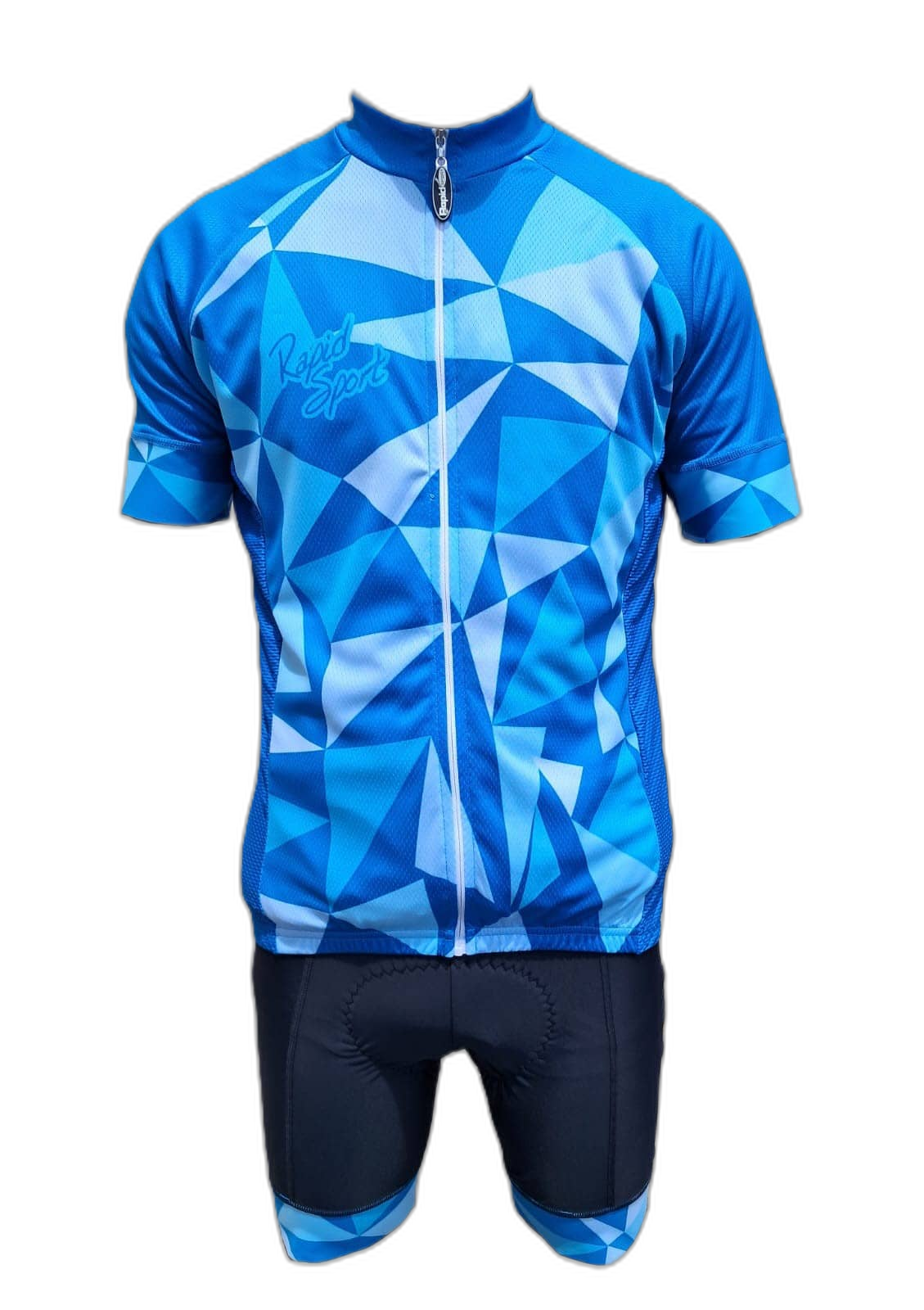 Mens Cycling Jersey Blue Geometric Outfit (background removed)