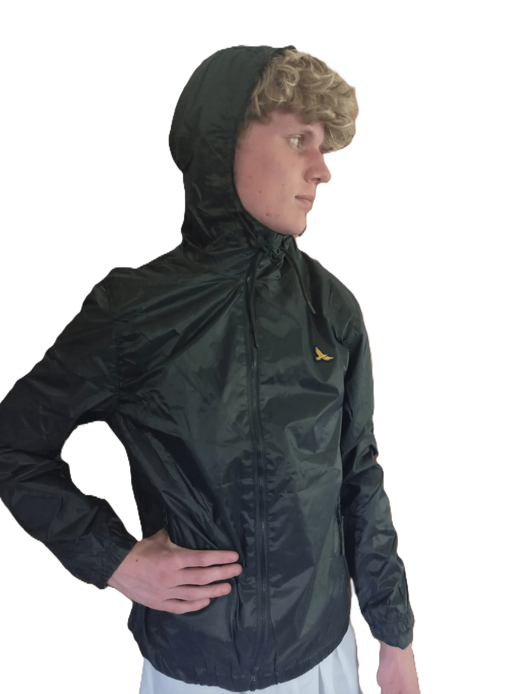 Mens Light Weight Rain Jacket Black Hood (background removed)