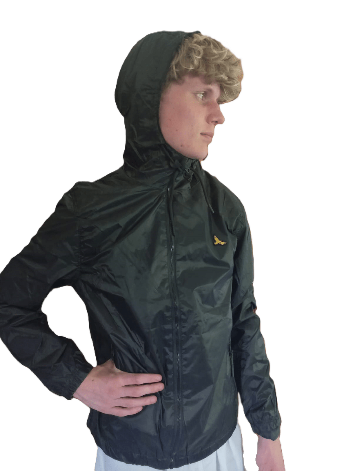 Mens Light Weight Rain Jacket Black Hood (background removed)